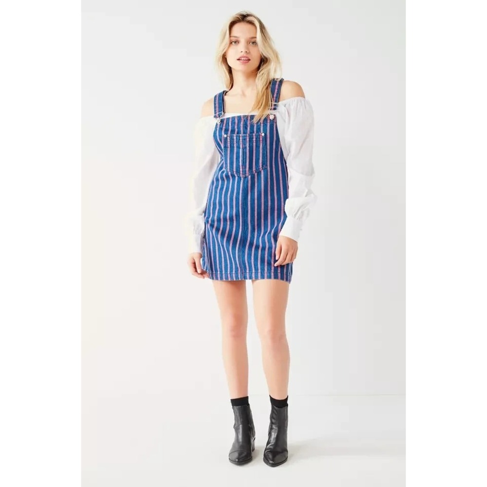 Urban Outfitters BDG Femme Utility Skirtall Overall- Blue Denim Red Strip Size L